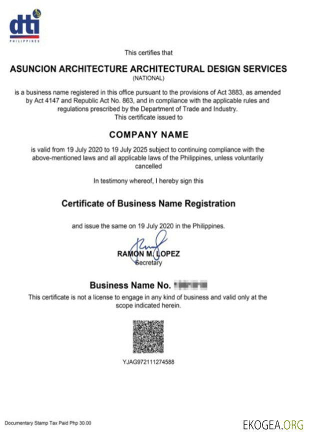Philippines Certificat d'enregistrement de nom commercial template Philippines Certificat d'enregistrement de nom commercial template